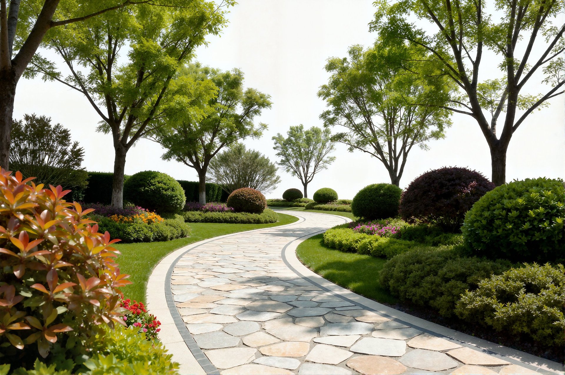 Peaceful garden path with stone paving and manicured lawn